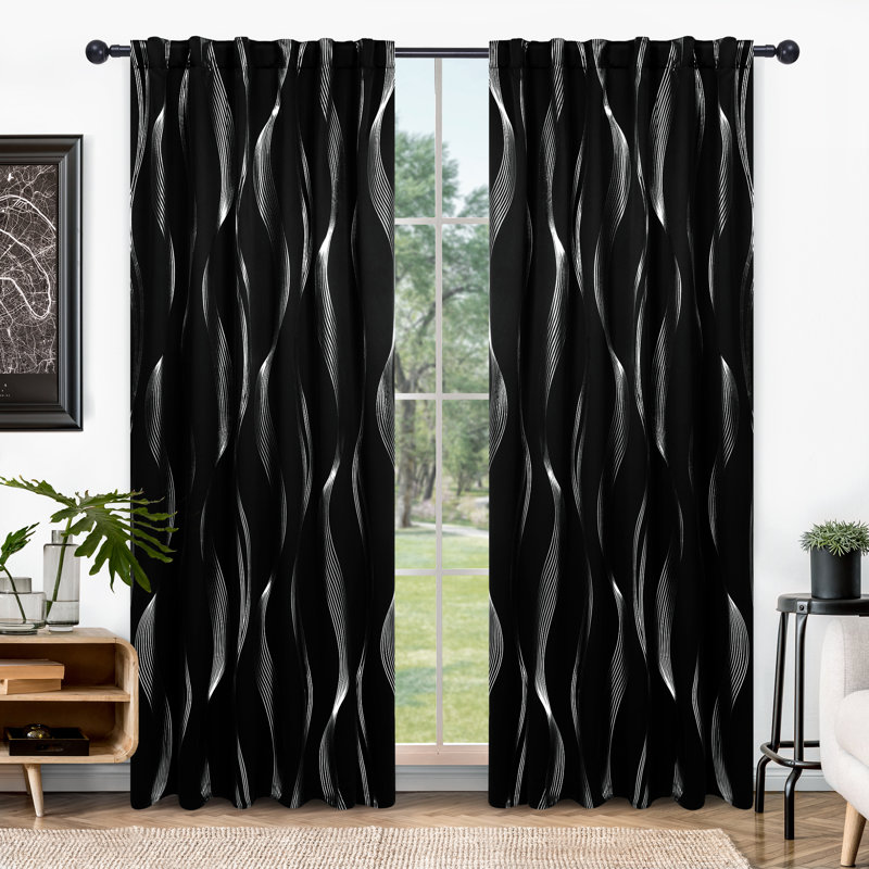 Cirila Back Tab Rod Pocket Silver Wave Curtain Panels, Black, 52" W x 45" L