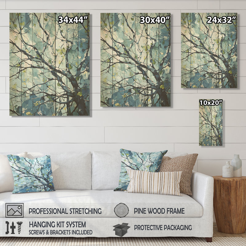 Arbre de tilleul bleu printemps - impression sur bois, H 44 po x l 34 po
