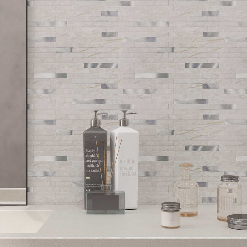 Carreau de mosaïque auto-adhésif en métal 11,5 po x 11,7 po, Argent / marbre blanc