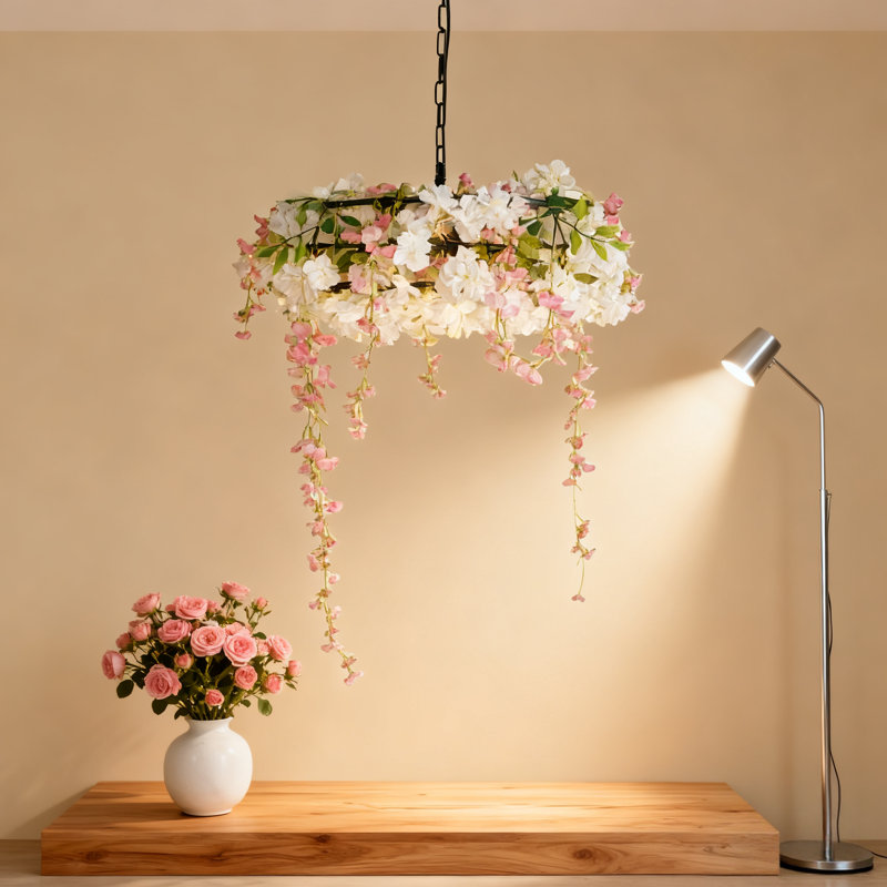 3-Light Pink Floral Chandelier with Cascading Vines