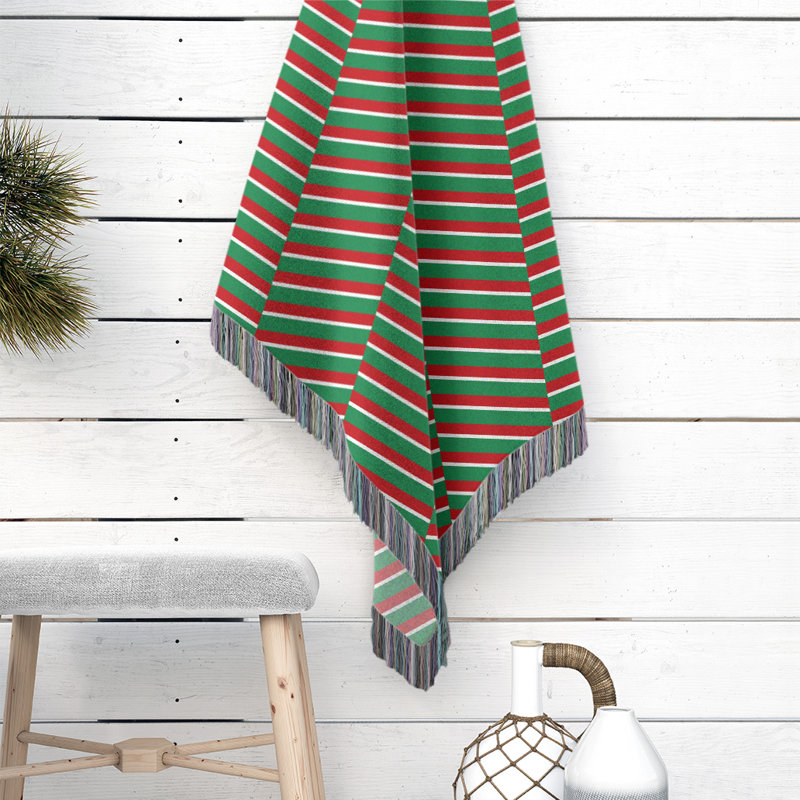 Hand Woven Throw Blanket, 60" W x 80" L, Striped, Dark Green/Red