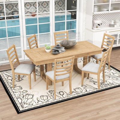 Ensemble de table de salle à manger extensible 7 pièces avec table rectangulaire et 6 chaises rembourrées Farmhouse