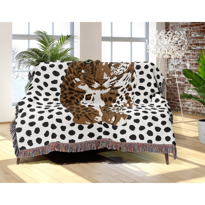 Jeté en mélange de coton Inky Leopard, Noir / brun rouille / blanc cassé, L 80 po x l 60 po