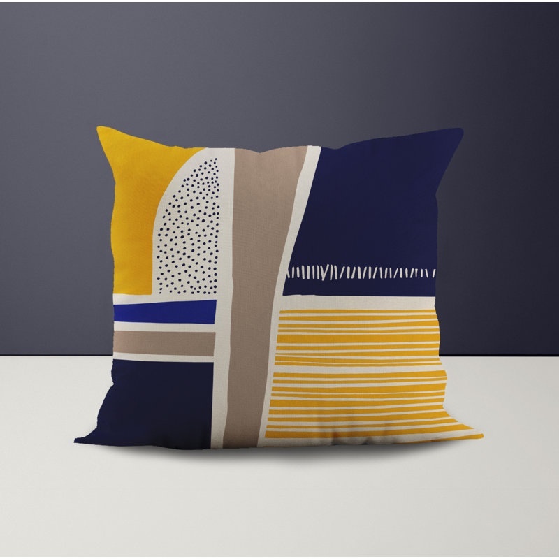 Jeté carré en polyester intérieur / extérieur, L 17 po x H 17 po, Jaune / Bleu Marine