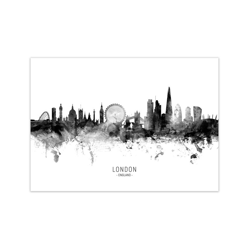 London England Skyline Black White City Name by Michael Tompsett - Print, 21cm H x 30cm W x 1cm D, Unframed