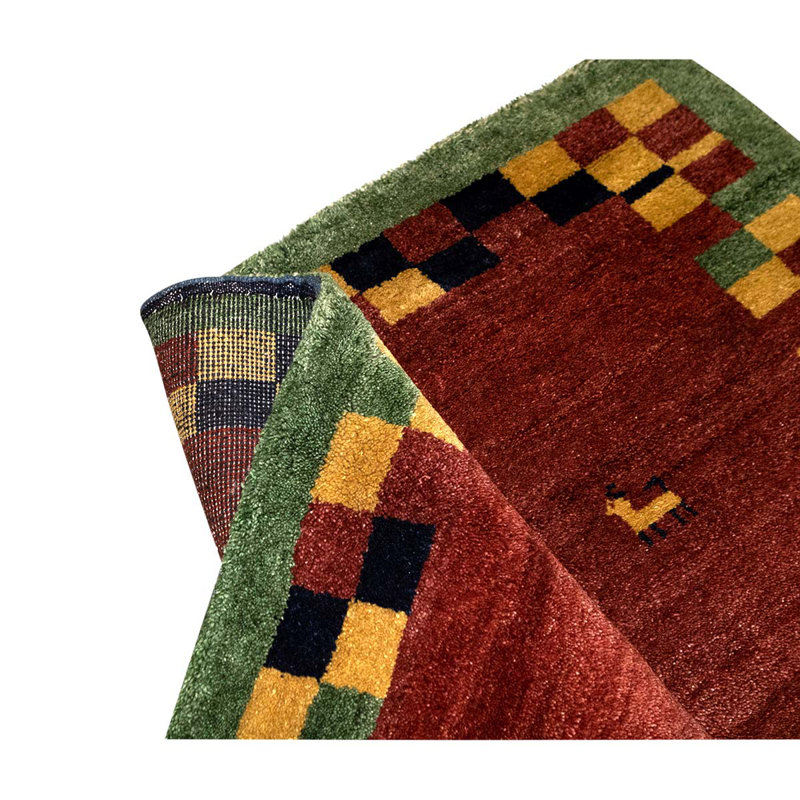 Tapis rouge / vert / jaune en laine noué à la main de conception unique 5 pi 10 po x 8 pi