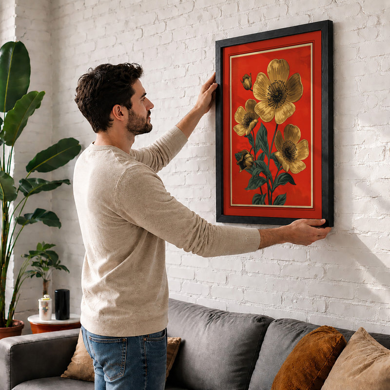 Golden Bloom On Red Botanical - Print, A2 - 59.4 x 42.0 cm, White