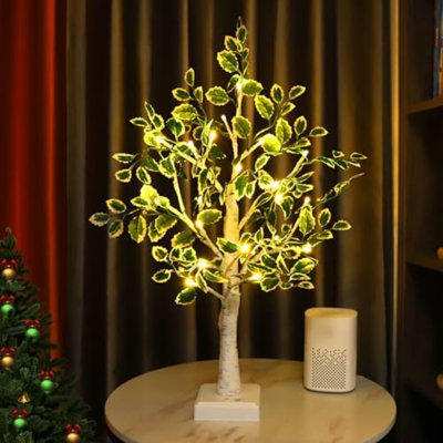 24 LED Artificial Tree Lamp, Lighted Trees for Indoor Decor USB/Battery Powered with Timer, DIY Green Leaves Light Up Tree Fairy Spirit for Table Home Bedroom Spring Decoration
