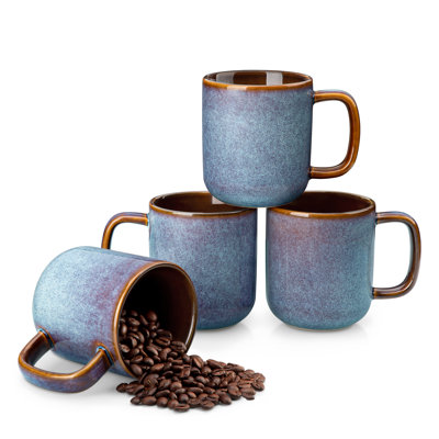 4 Piece Stoneware Mug Set, 12Oz In Blue Ombre Glaze,Handcrafted Look For Espresso Or Latte