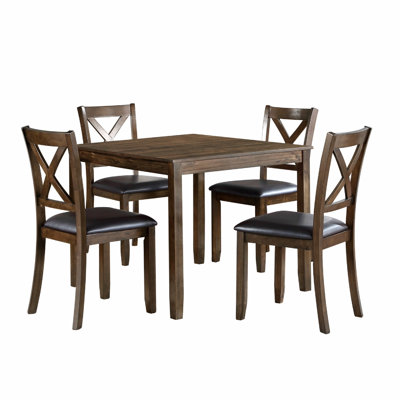 Ensemble de table de salle à manger 5 pièces Gimi, 4 chaises à dossier en simili cuir, brun anthracite