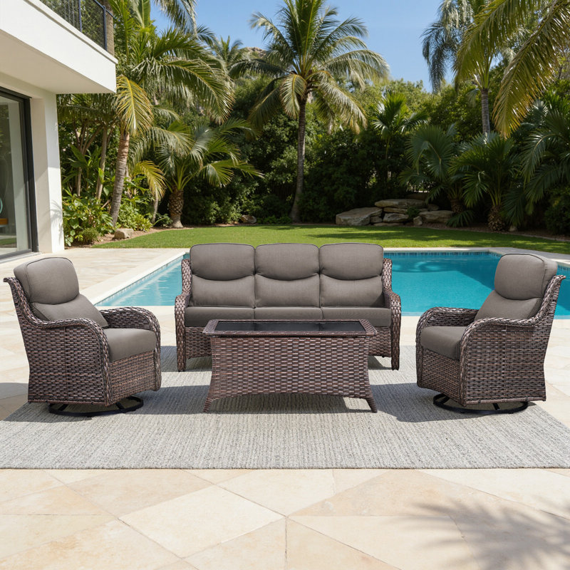 Ensemble de conversation de patio en osier tissé à la main pour 5 personnes avec chaises pivotantes, coussins en oléfine de 5 po