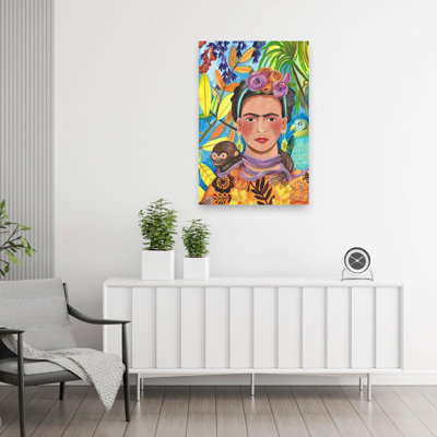Frida And Her Parrots Colorful Abstract Bird Monkey Flower Forest Wall Art Print 1 Piece Wrapped Canvas Wall Art
