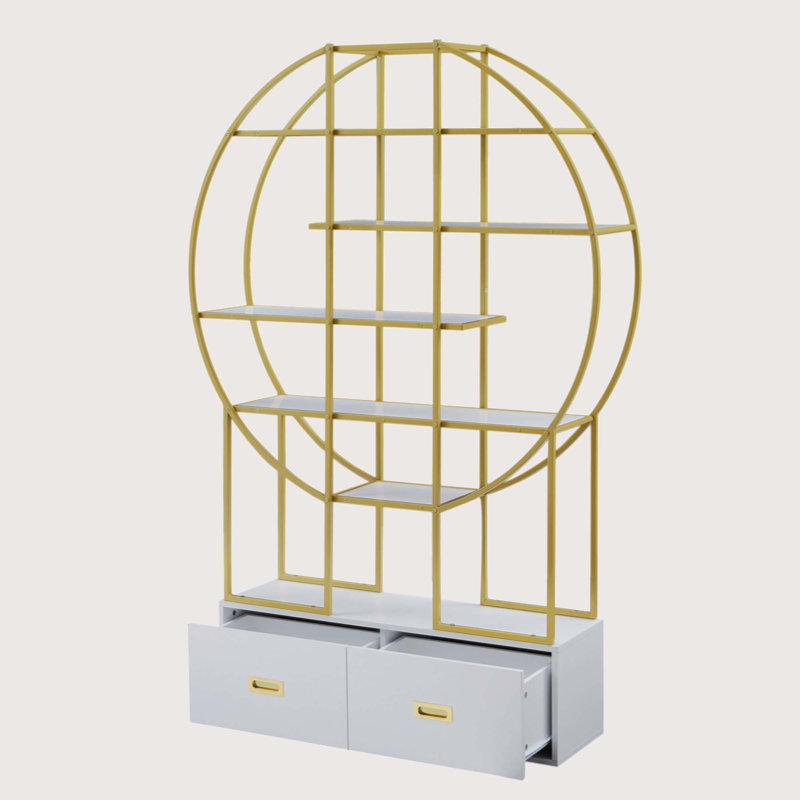 Nariya 5 Tiers Steel Round Office Bookcase,High-quality MDF Board Bookshelf with Open Display Shelf and 2 Drawers