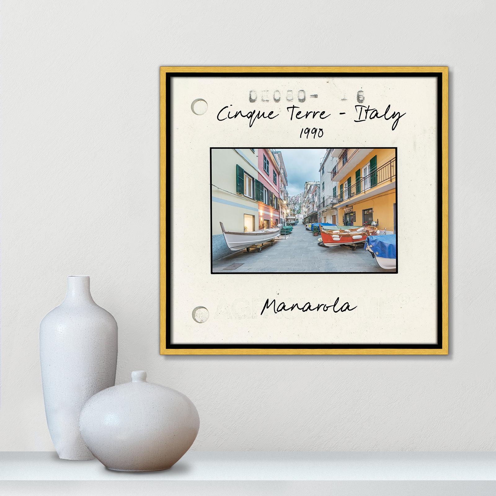 Travel Slide Collection "Cinque Terre - Manarola" Print, 17.5" H x 17.5" W x 2" D, Gold Floater Framed Canvas