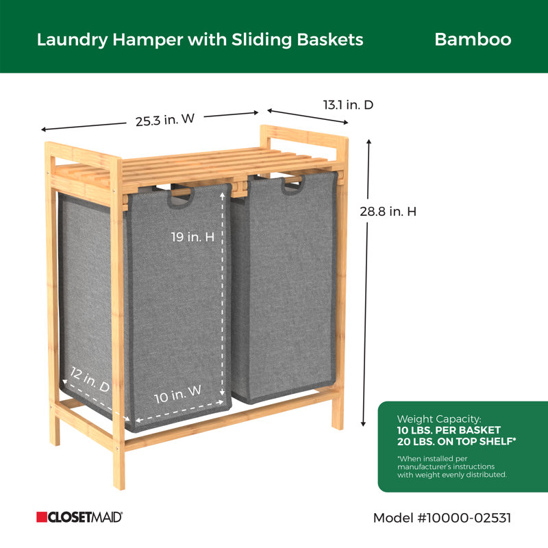 Natural Bamboo Dual Compartment Laundry Sorter with Gray Bags