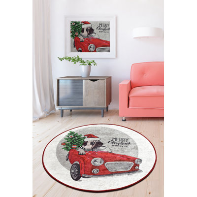 Christmas-Themed Round Carpet, 55.1 in Diameter | 100% Polyester, 0.4 in Pile Height, Antibacterial & Non-Slip Underside | Machine Washable, Easy Care | Perfect for Holiday Decor & Festive Living Spaces