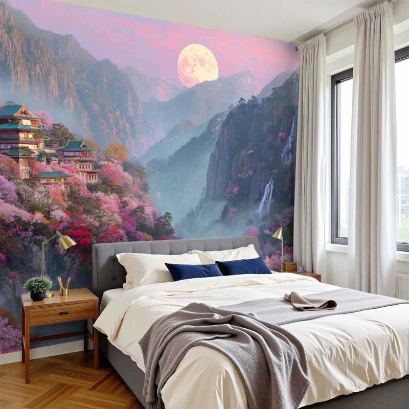 Peel and Stick Wallpaper 96" W x 69" H Modern Self Adhesive Wall Mural for Bedroom Cherry Blossom Waterfall Traditional Architecture Moon Mountain