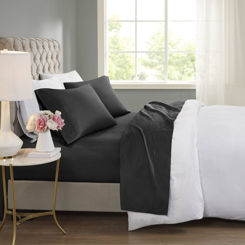 600 Thread Count Black Cotton Blend Cooling Treatment 4-Piece Full Sheet Set, Full, Black