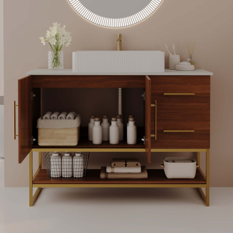Meuble-lavabo moderne avec lavabo vasque en céramique, armoire autoportante dorée, Rectangle, Gold,Walnut