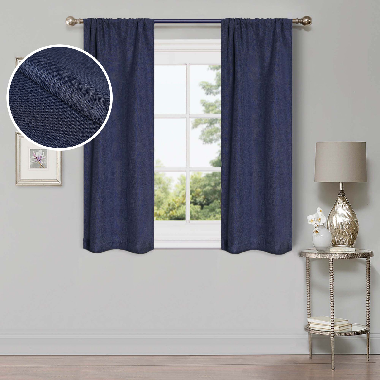 Linen Inspired Room Darkening Curtain Panel, Rod Pocket 26" W x 63" L, Navy Blue