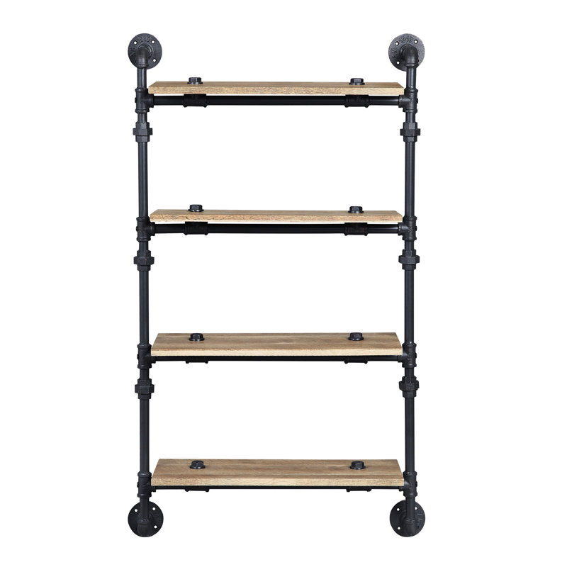 Support mural à 4 tablettes dans un cadre en métal à niveaux, de style conduite d'eau, finition chêne et noir sablé, placage, dimensions de l 23 po x l 9 po, espacement de 12 po, 10 lb par niveau avec les tablettes, profondeur, espace, chargement