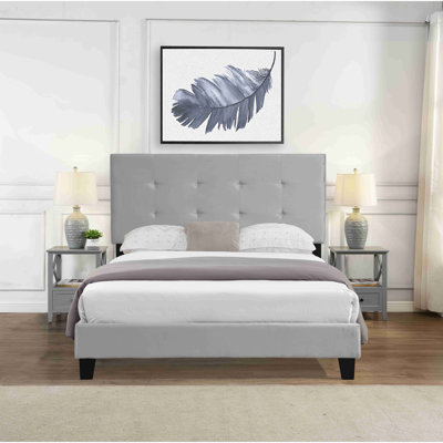 Upholstered Platform Bed Frame with pull point Tufted Headboard Strong Wood Slat Support Mattress Foundation No Box Spring Needed Easy Assembly