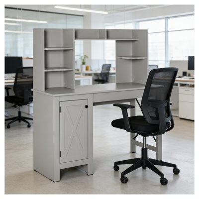 Light Grey Farmhouse Computer Desk with X-Brace Shelving, Metal and Particle Board Writing Table for Home Office
