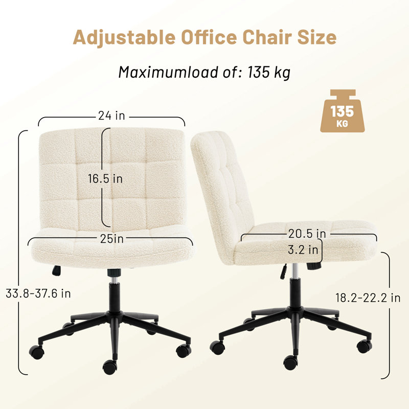 Chaise de bureau avec roulettes, chaise de bureau sans accoudoirs avec support lombaire, chaises d'ordinateur pivotantes à 360 ° à hauteur réglable pour salle d'étude de bureau à domicile, sherpa