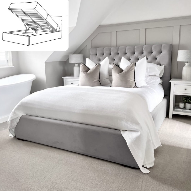 Bangura Chesterfield Ottoman Storage Bed - Velvet Upholstered Gas Lift Bed Frame with Footboard, Double (4'6), Silver