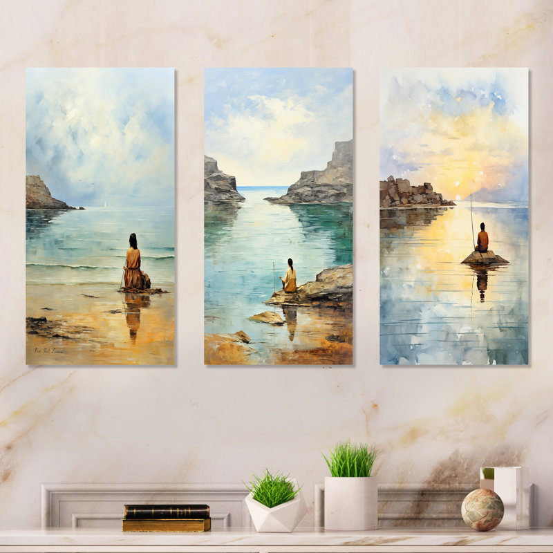 Meditation Serenity By The Sea I - ensemble d'art mural en métal plage de 3, H 32 po x l 48 po