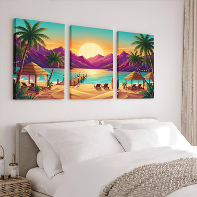 Tropical Beach Sunset Palm Trees Canvas Wrapped Wall Art Oil Painting Print Set Of 3 For Living Room Bedroom Home Decor