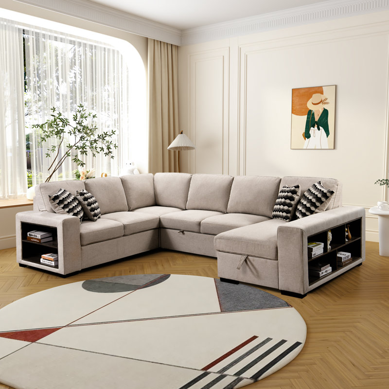 Canapé modulaire en U à 7 places de 125 po avec armoire et canapé-lit Hokku Designs, Polyester beige