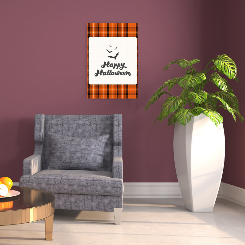 Happy Halloween Plaid Retro Vintage Bat Wall Art Print 1 Piece Wrapped Canvas Wall Art, 60.96cm H x 40.64cm W