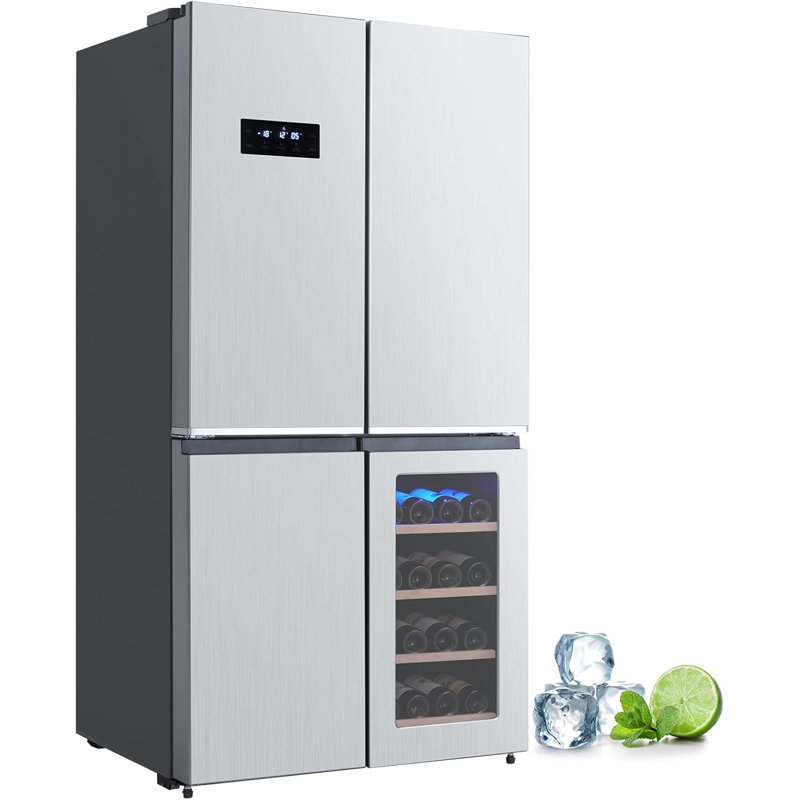 21 Cu.Ft. Stainless Steel French Door Refrigerator with Wine Cooler, Counter-Depth 4-Door Fridge, Touch Screen & Auto Defrost, Large Multi-Door Kitchen Appliance