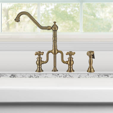 English Country KS7757ALBS Two-Handle 3-Hole Deck Mount Bridge Kitchen  Faucet with Brass Sprayer, Brushed Brass