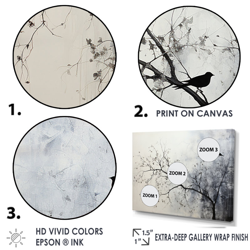 Minimalisme, oiseaux monochromes sur branche II - arbres, impressions sur toile, H 12 po x l 20 po x P 1 po