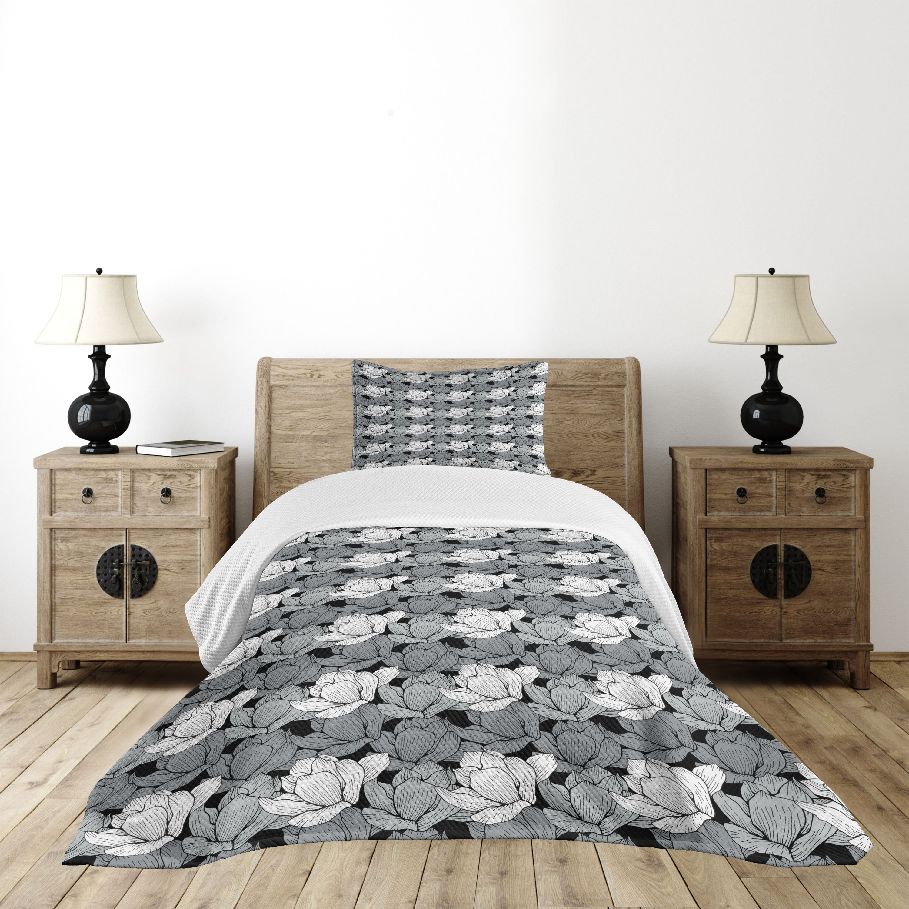 Ambesonne Black and Grey Bedspread Set Lotus Black Grey White Wayfair