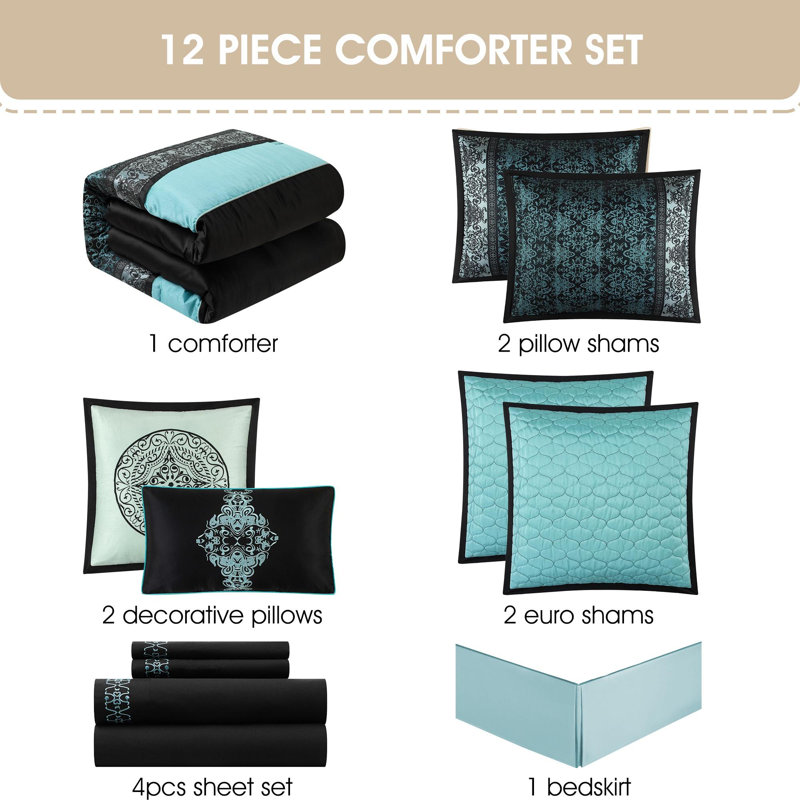 California King Aqua and Black Jacquard Comforter Set, 12 Pieces