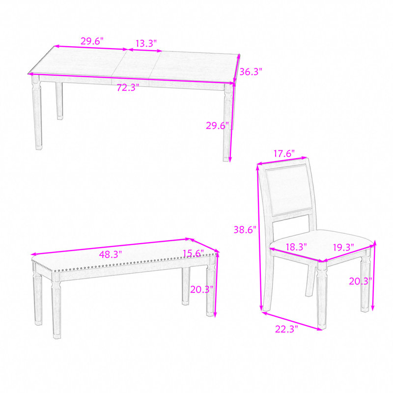 Ensemble de table de salle à manger 6 pièces avec table extensible Farmhouse, 4 chaises rembourrées et banc, Bois naturel
