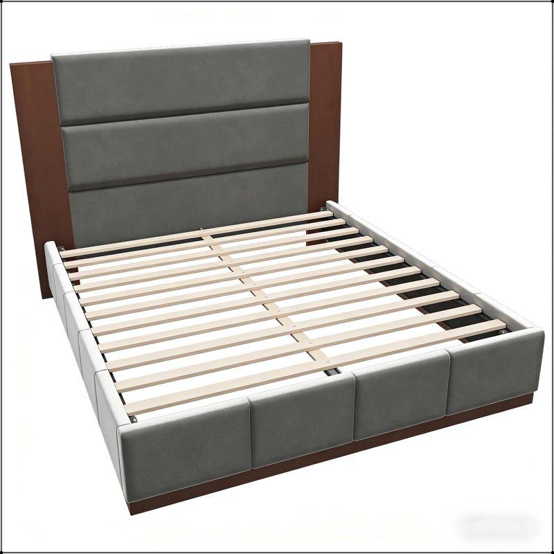 Structure de lit plateforme tapissier avec tête de lit en bois allongée, lit moderne avec base en bois, Gris, Grand lit