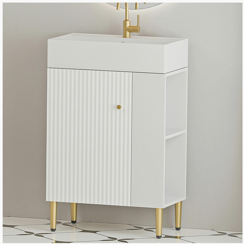 Le meuble-lavabo de salle de bain à tablette ouverte, avec auge en céramique et porte à fermeture douce, avec une armoire de rangement à tablette ouverte à droite, nécessite un assemblage