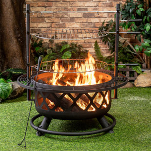 Deko Living 33 Inch Diameter Outdoor Steel Wood Burning Fire Pit with 2 Cooking Grills, Rotisserie and Poker