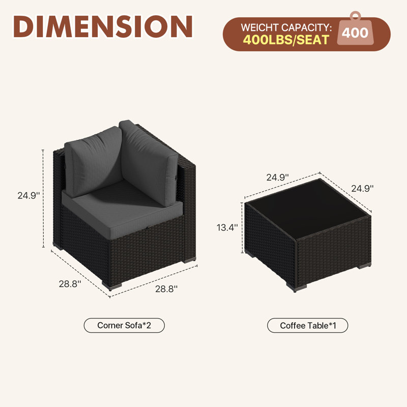 Patio Safo pour 3 personnes avec coussins, Gris, Noir
