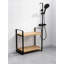 Organisateur de comptoir de salle de bain autoportant, tablette en bambou à 2 niveaux avec cadre en métal noir et panier latéral, rangement pour meuble-lavabo pour articles de toilette et maquillage