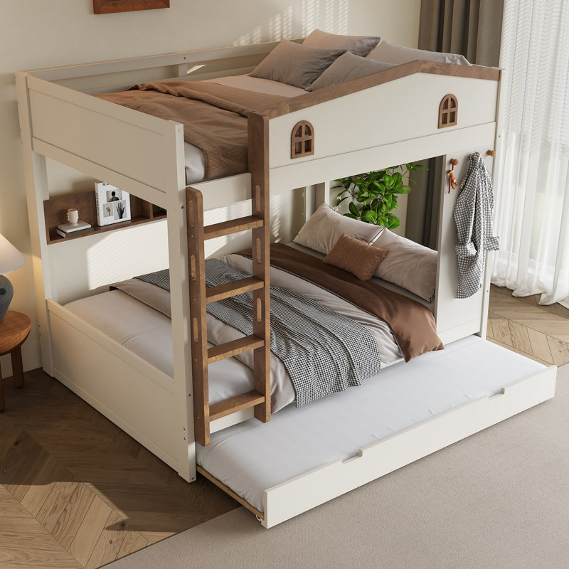 Grand lit superposé en bois massif avec lit gigogne, tablettes de rangement et crochets, Grand sur grand, Beige