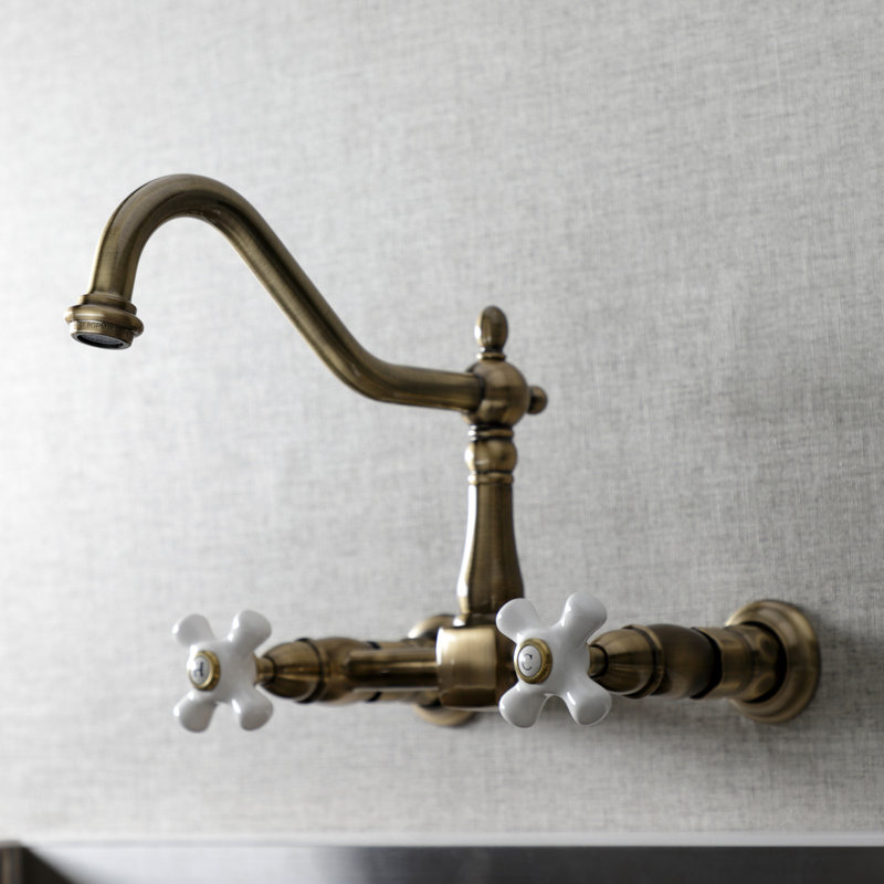 Kingston Brass Heritage Double-Handle 2-Hole Wall-Mount Bridge Kitchen Faucet, Vintage Brass