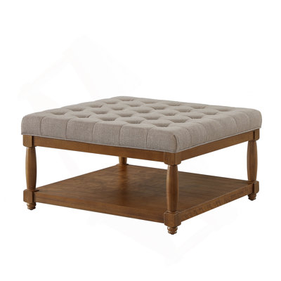 Square Upholstered Tufted Ottoman, Footrest With Storage Shelf