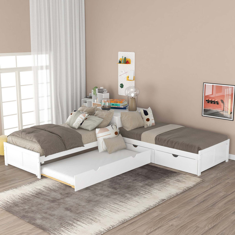 L-shaped Twin Platform Bed with Trundle, Drawers, and Built-in Desk for Space-Saving and Multi-Functional Use in White