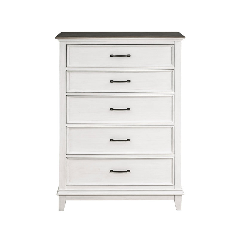 Commode haute 5 tiroirs Woki, 5 tiroirs, bois massif blanc et brun