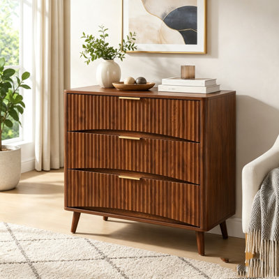 Fluted 3 Drawer Dresser, Mid-Century Modern Tall Chest of Drawers with Vertical Grooved Design, Solid Wood Storage Cabinet